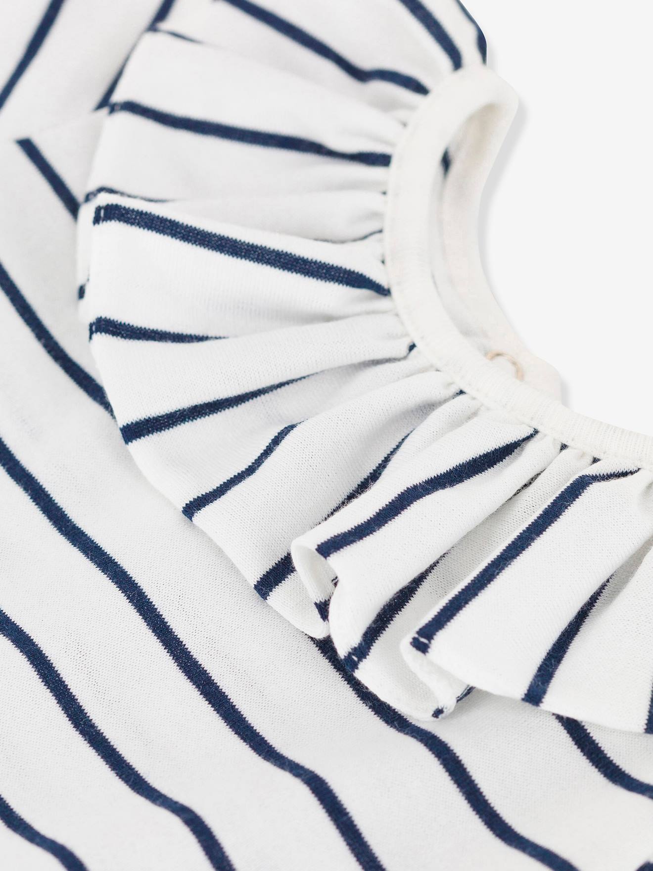 Blusa de malha listrada de manga curta para bebê PETIT BATEAU, tamanho médio, branca com listras.