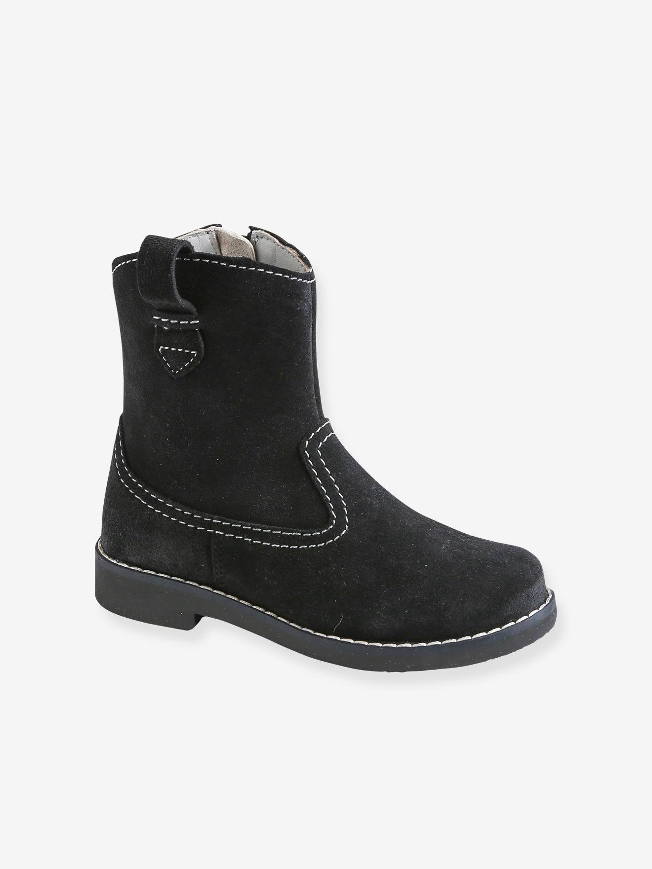 Botas de cano curto de couro para meninas, pretas lisas, modelo liso.