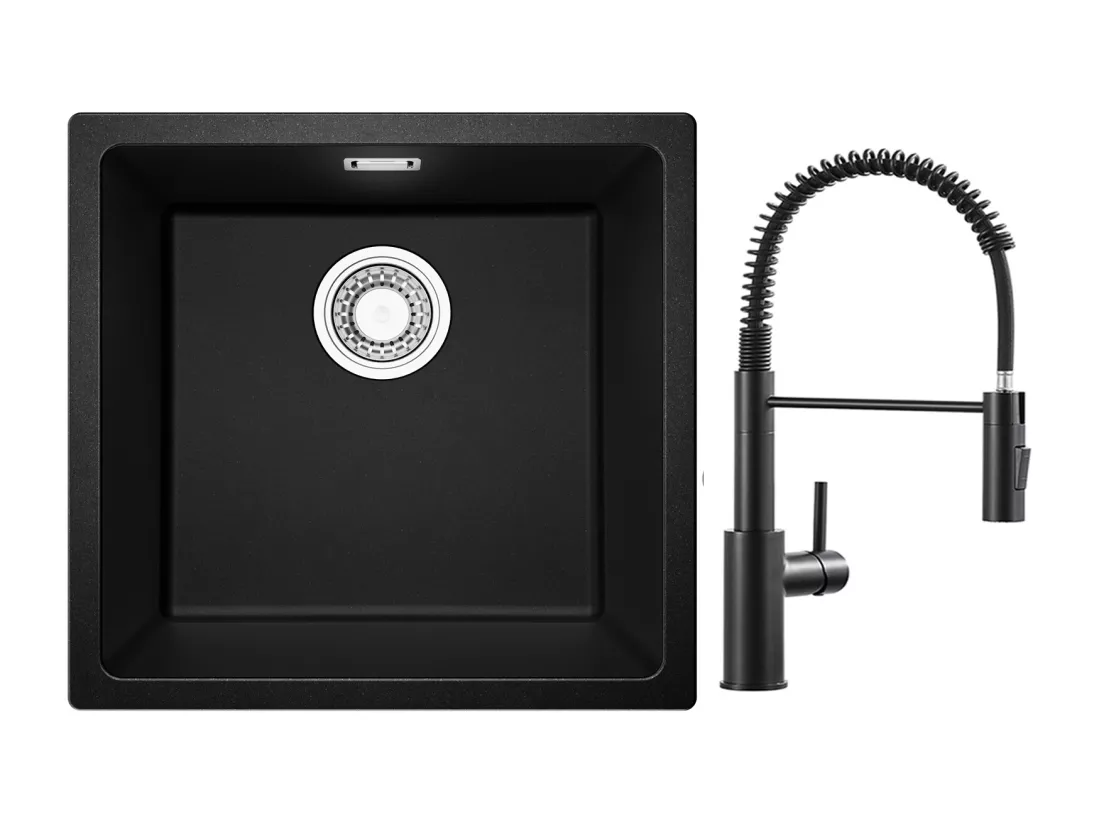 CECIPA MAX Evier 1 Bac en Quartz et Résine Noir Gris 45*44*20cm + Mitigeur de Cuisine à Ressort Noir avec Douchette Extractible
