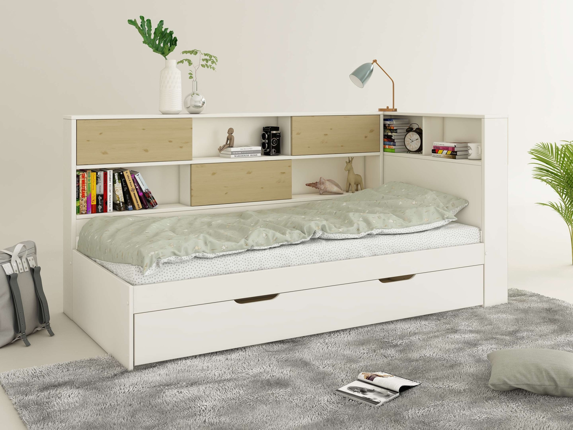 Home affaire Stauraumbett »Amance, Kopfteil beidseitig montierbar, stabil und langlebig, Stauraum« Aussenmasse B/T/H: 110,2/220,1/106,9 cm,  FSC® zertifiziert, inklusive Lattenrost,  Made in EU,Massivholz + MDF