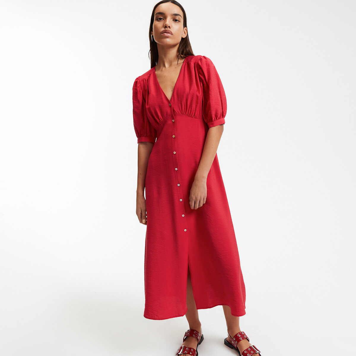 COLEÇÃO LA REDOUTE<br>Vestido longo, decote em V, mangas até o cotovelo