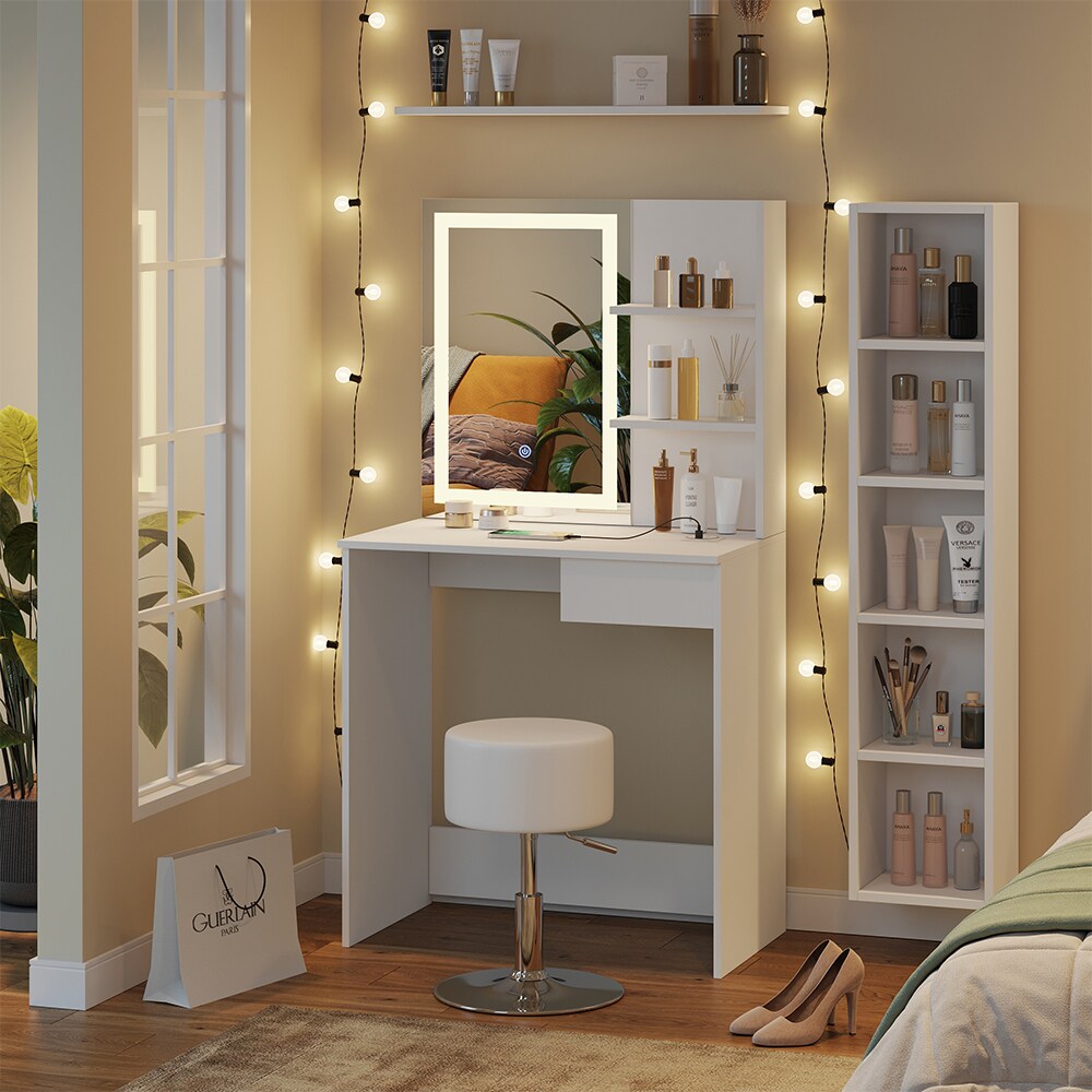 Vicco Schminktisch Dekos Weiß 75 cm mit LED-Spiegel QI-Ladestation und Hocker