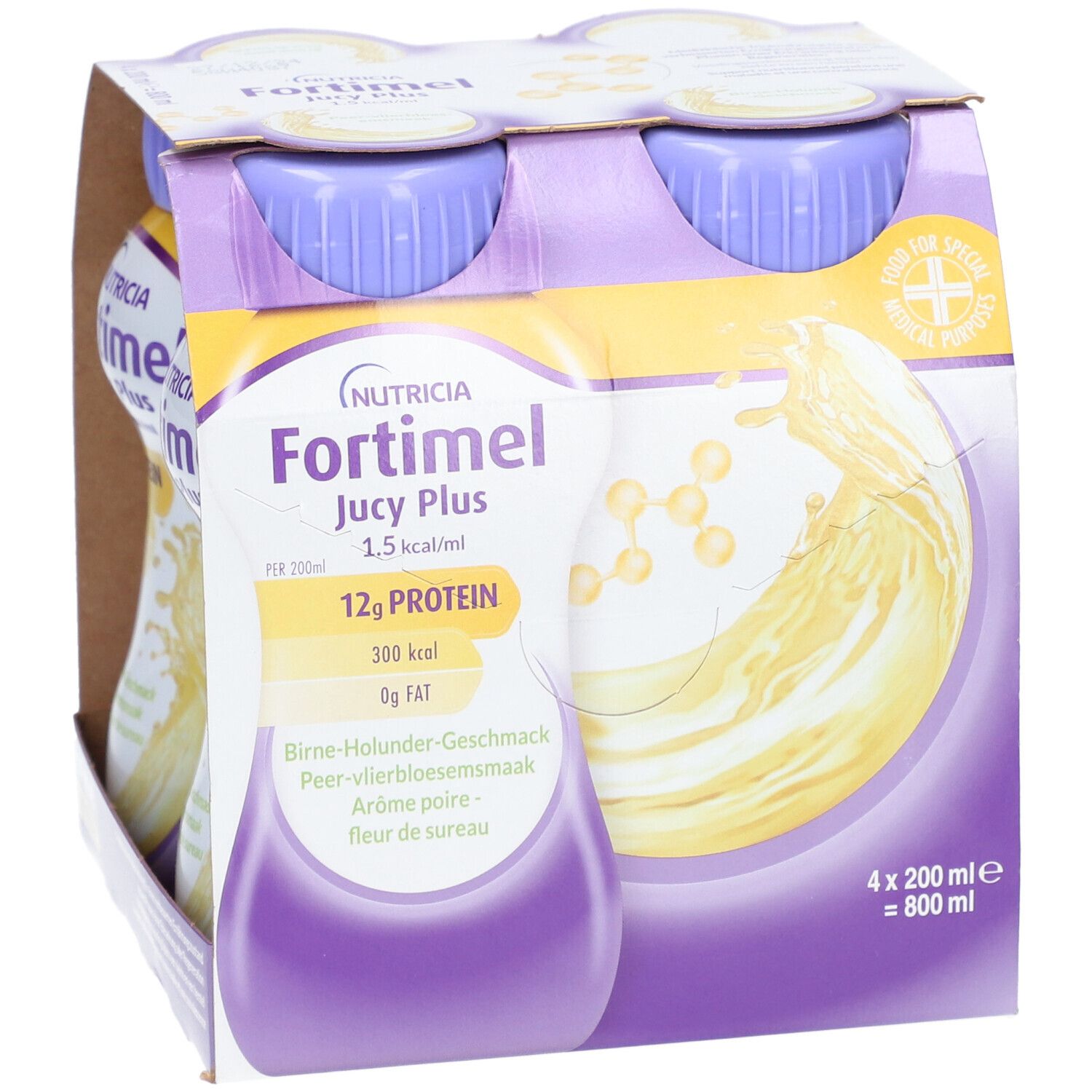 Fortimel® Jucy Plus Birne-Holunder – Hochkalorische Trinknahrung mit vielen wichtigen Nährstoffen – 300 kcal und 12 g Eiweiß pro Flasche