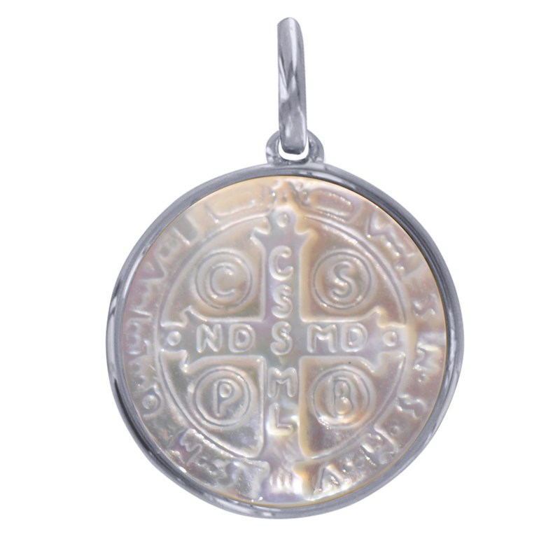 Pendentif Argent Rhodié et Nacre Médaille Ronde Croix de Saint Benoit
