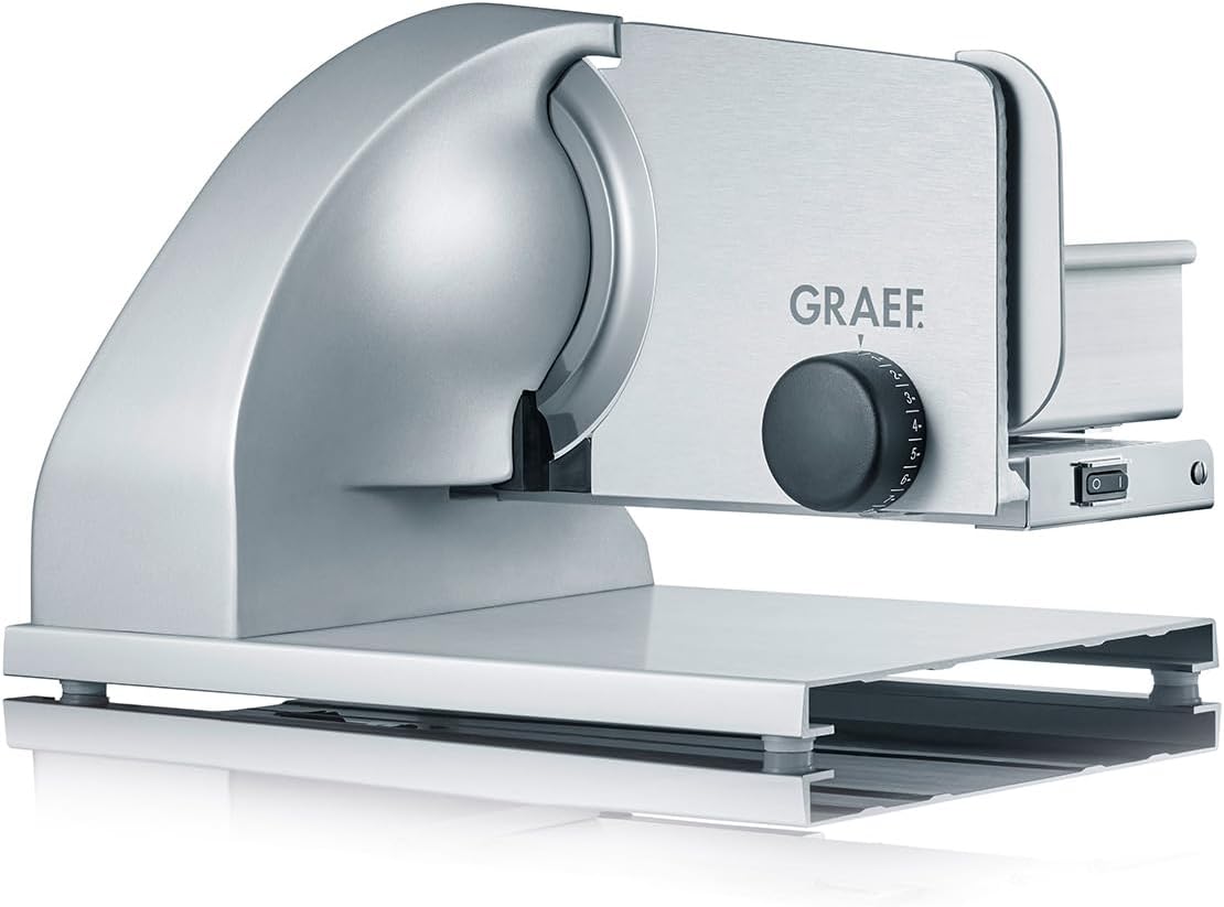 GRAEF. Allesschneider ABSOLUTE titan-silber mit Vollstahlmesser und stufenloser Schnittstärke (0–15 mm), Aluminiumanschlag, flüsterleisem 185-Watt-Motor, Rundführungsschlitten