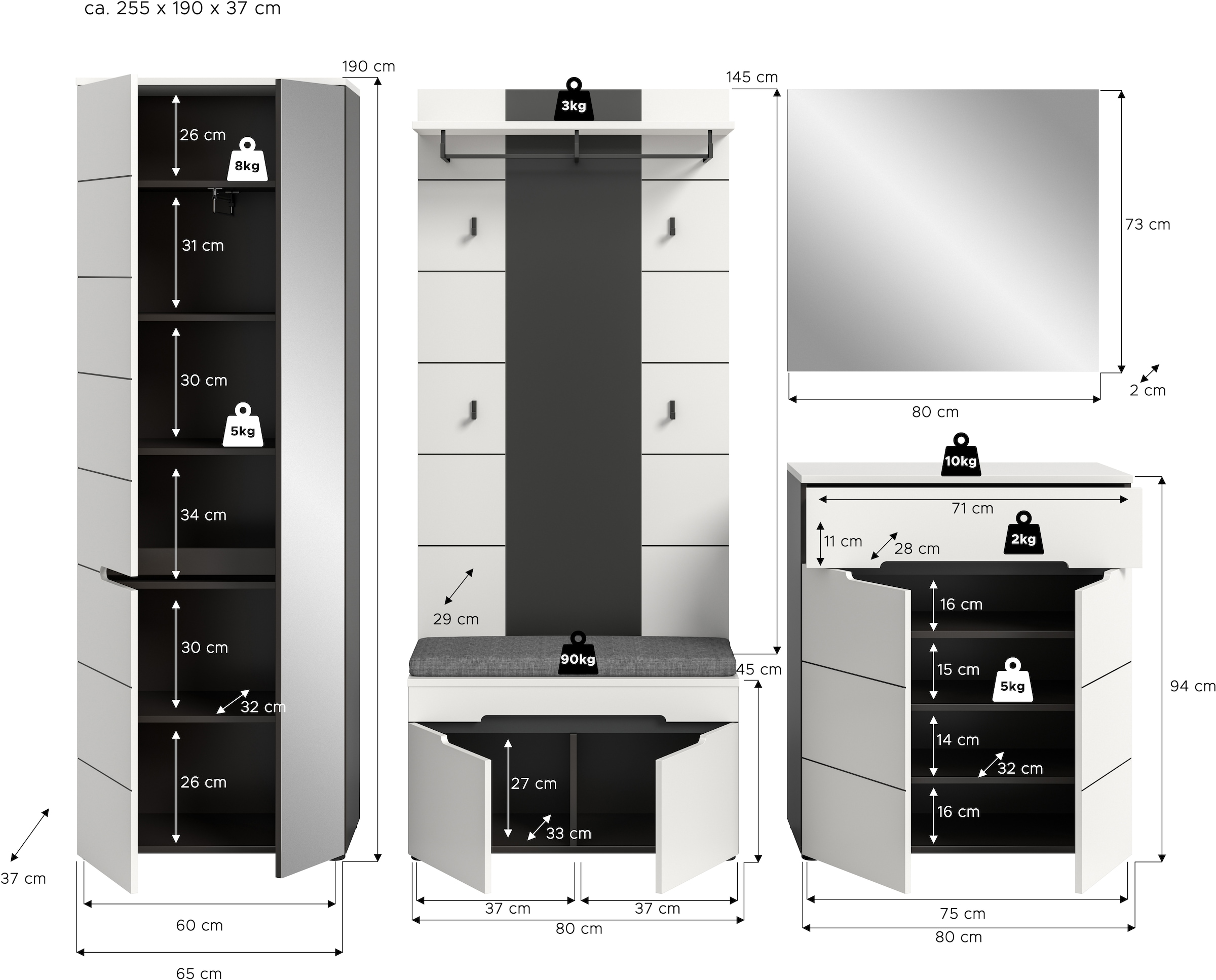 INOSIGN Garderoben-Set »REHAT, TOPSELLER!, 5-teilig, Breite 255 cm, individuell erweiterbar« Set, bestehend aus: Schrank, Sitzbank, Sitzkissen, Paneel, Spiegel, Kommode, 6 Stk. tlg.