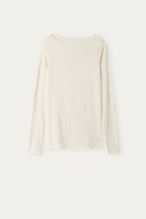 Camiseta leve de gola redonda em modal com detalhes em cashmere lamê.