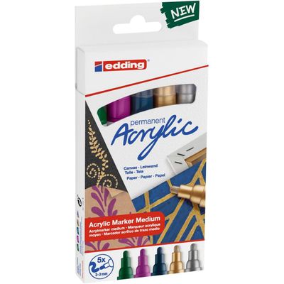 Edding 5100 - Pack de 5 marqueurs acryliques - argent, rouge, vert mousse, or, bleu nuit