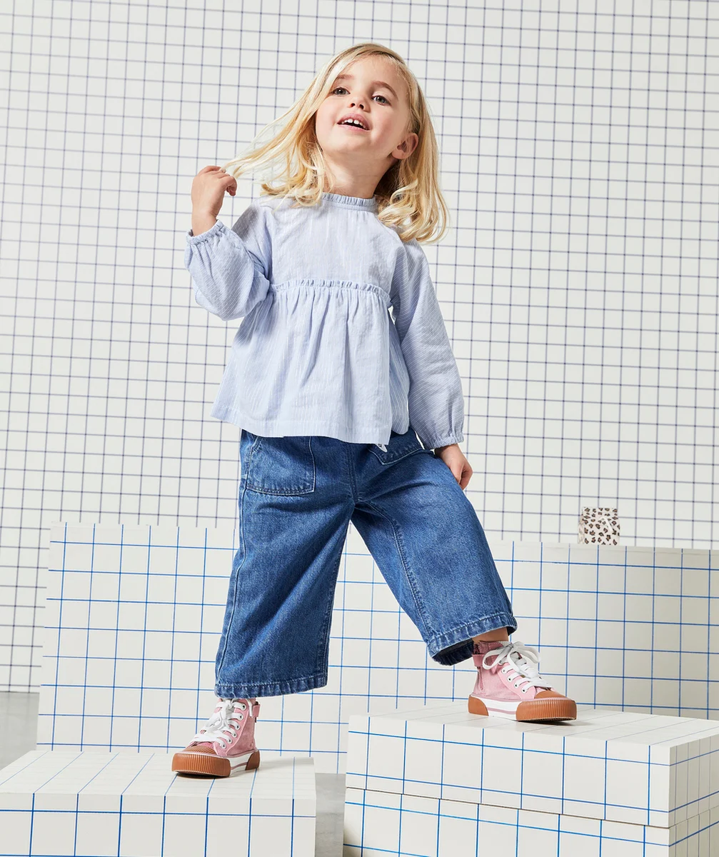 BLOUSE BÉBÉ FILLE BLEU CIEL À RAYURES COULEUR ARGENTÉE