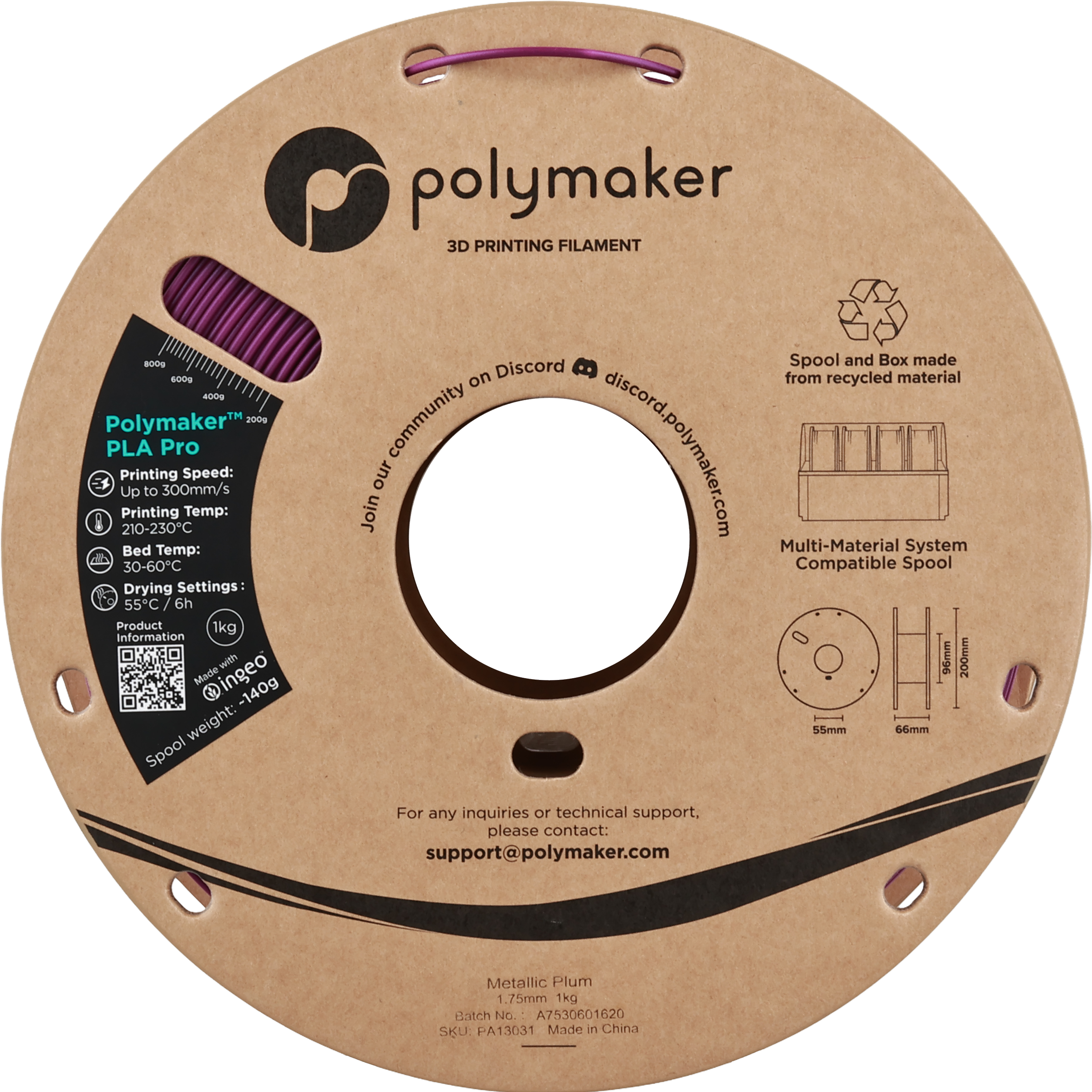 Polymaker  PLA Pro Metallic Plum, 1,75 mm / 1000 g    Neue, verbesserte Formulierung: Hochleistungs-High Speed-PLA in Metallic Plum