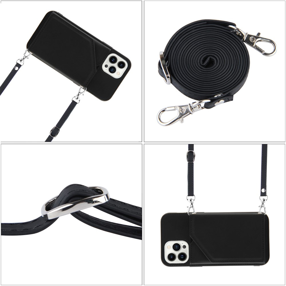 iPhone 15 Pro Necklace Leder Schutz Hülle mit Kartenfächer   Handykette (150cm) - Schwarz