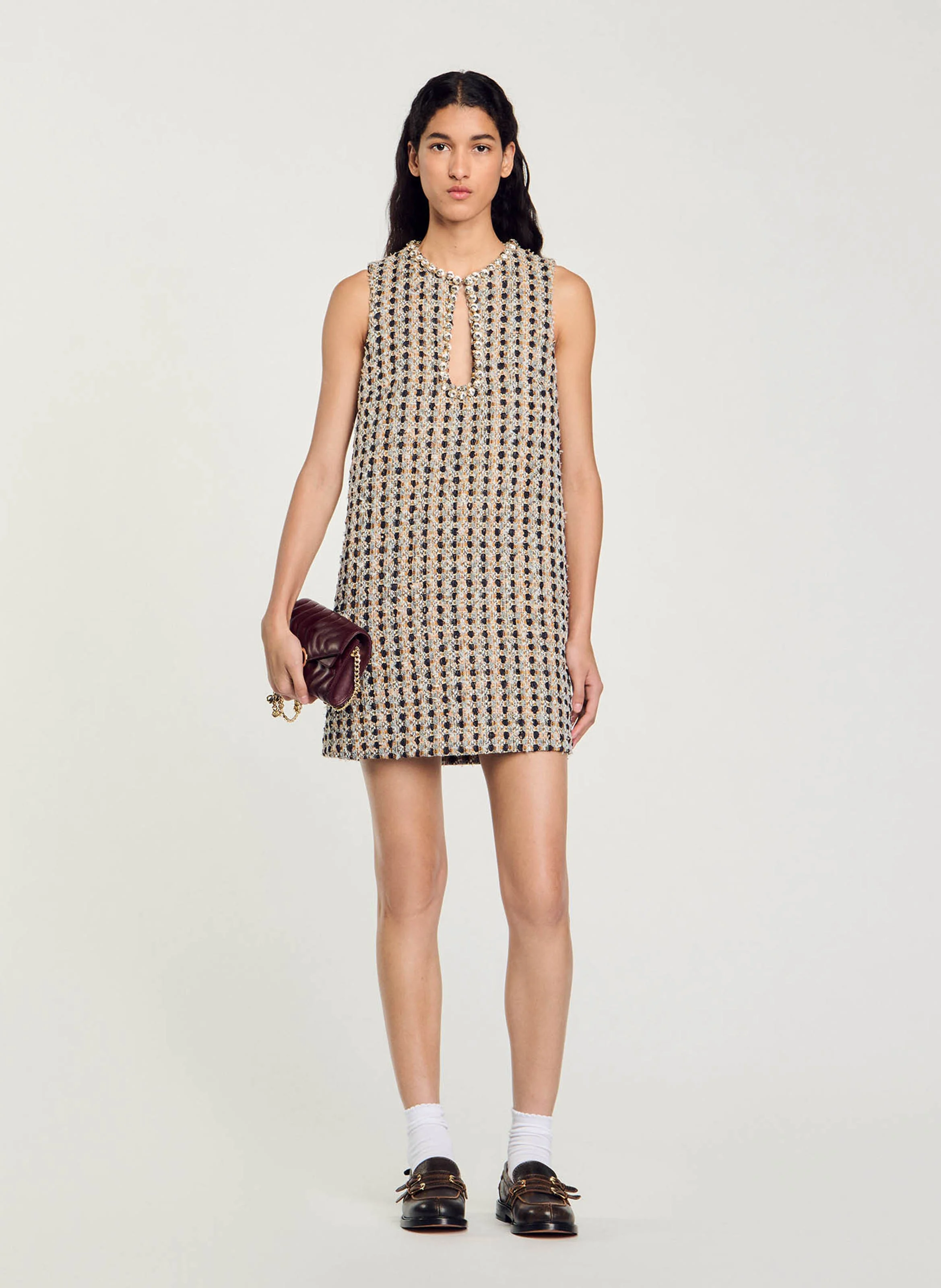 Robe courte col rond en tweed | Marron
