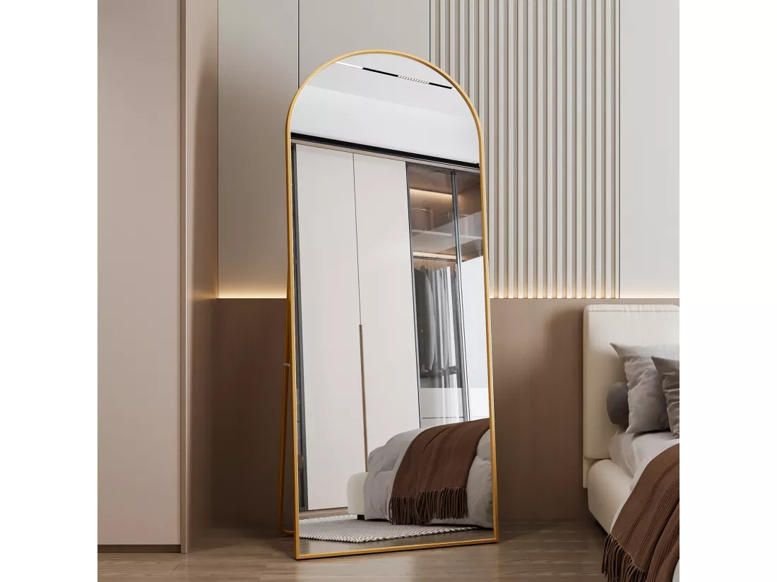 Miroir pleine longueur 180 x 80 cm, sur pied, suspendu ou appuyé, grand miroir de sol avec cadre en alliage d'aluminium doré pour salon ou chambre à coucher, Arc