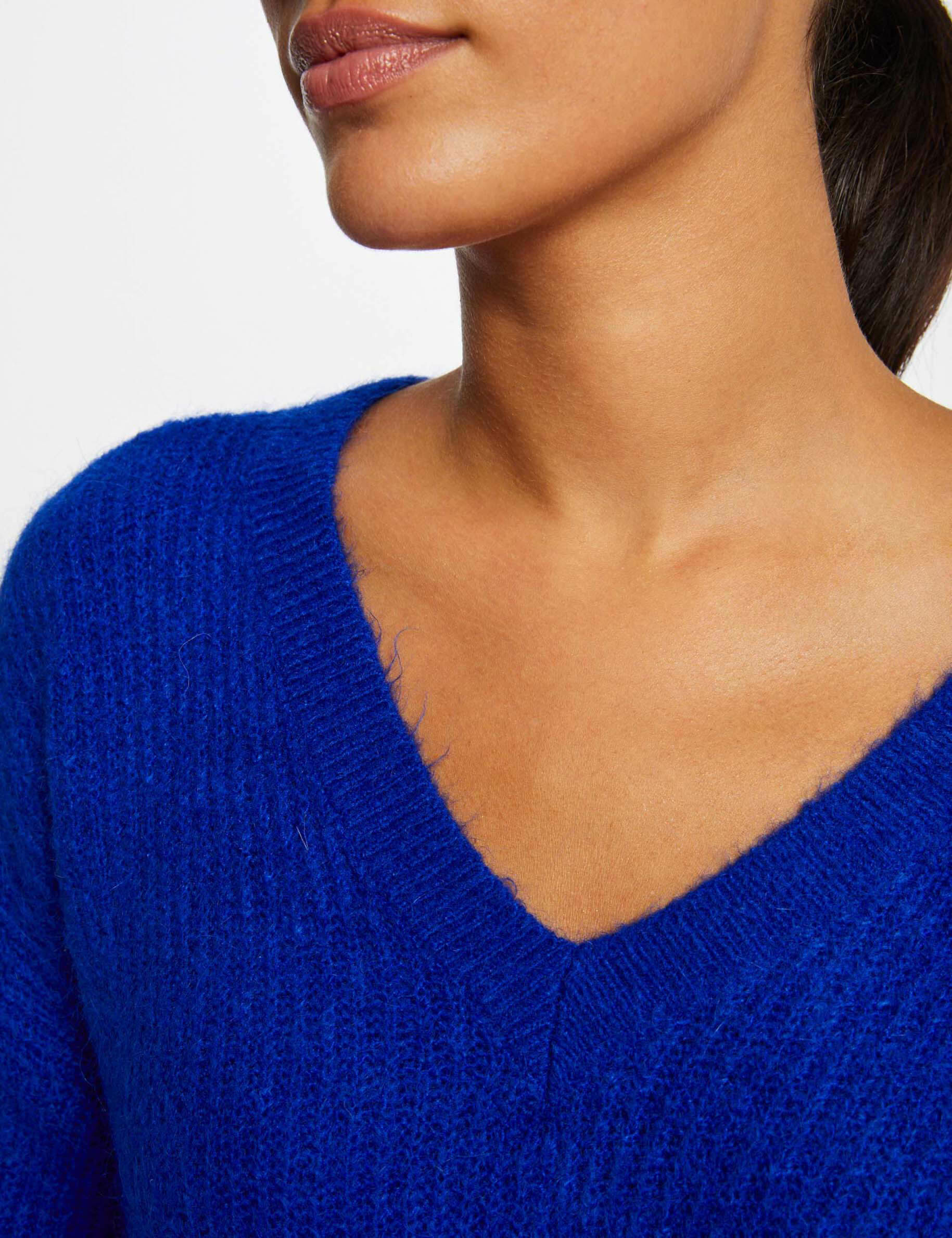 Pull manches longues à col en V bleu electrique femme - bleu_electrique