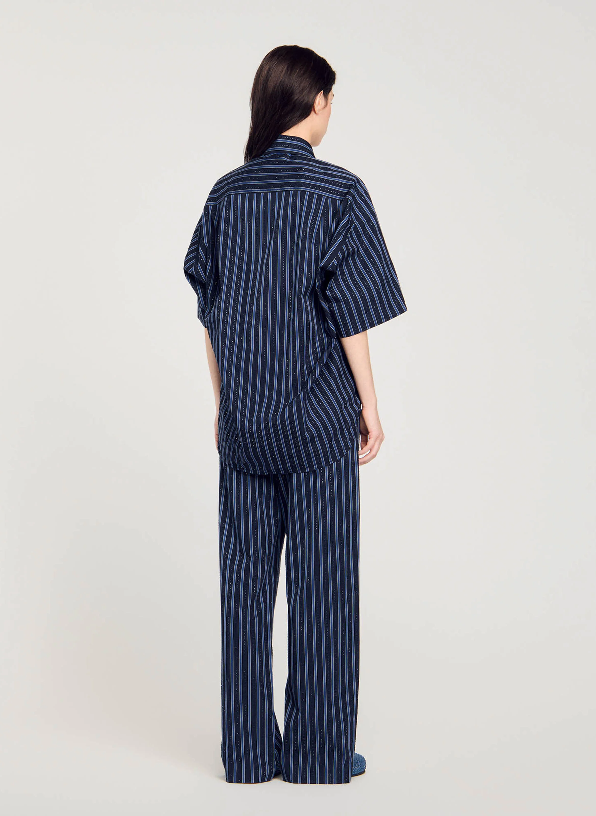 Chemise ample en coton strassé à cravate | Bleu