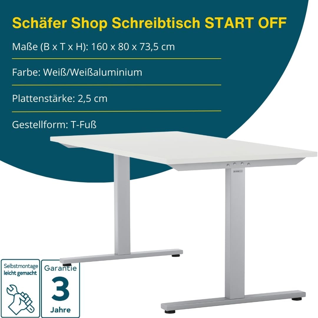 SCHÄFER SHOP Select Schreibtisch Start Off, T-Fuß, Rechteck, Weißaluminium/Weiß, B 1600 x T 800 x H 735 mm