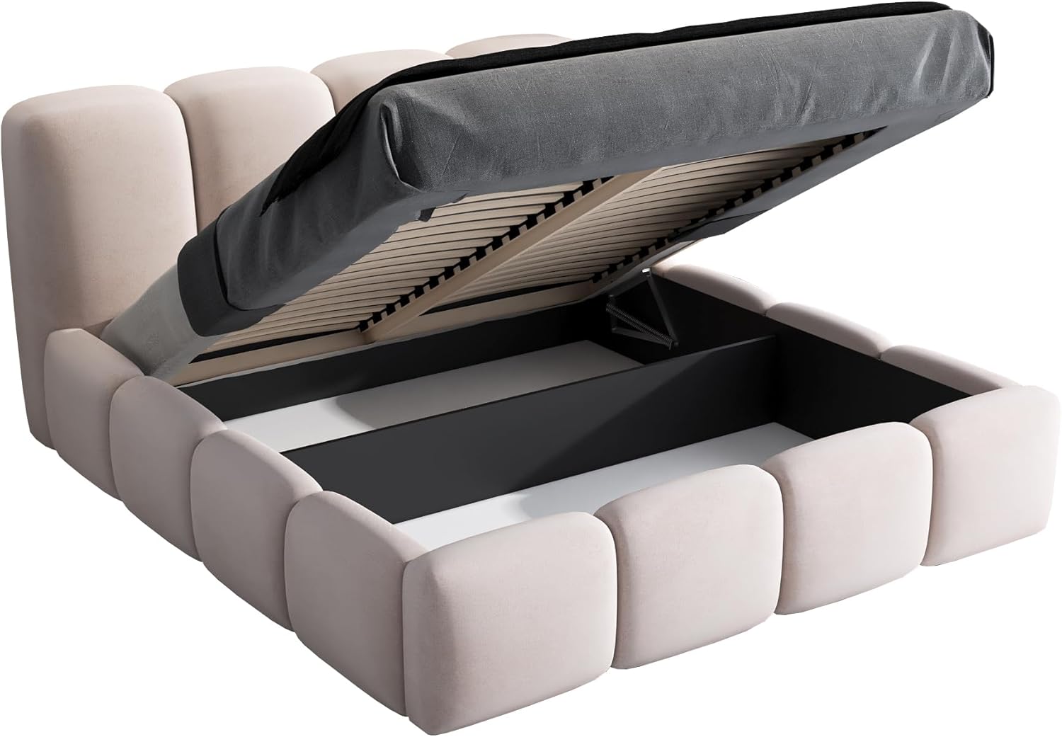 A&J MöbelLand Polsterbett 140x200 mit Bettkasten und Lattenrost – Sonic, Bett mit Matratze und Stauraum in Beige