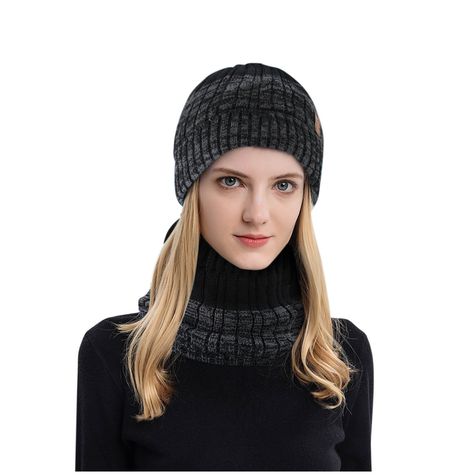 (2-tlg. Set) Unisex Winter Schlauch Schal / Mütze (OneSize) - Schwarz