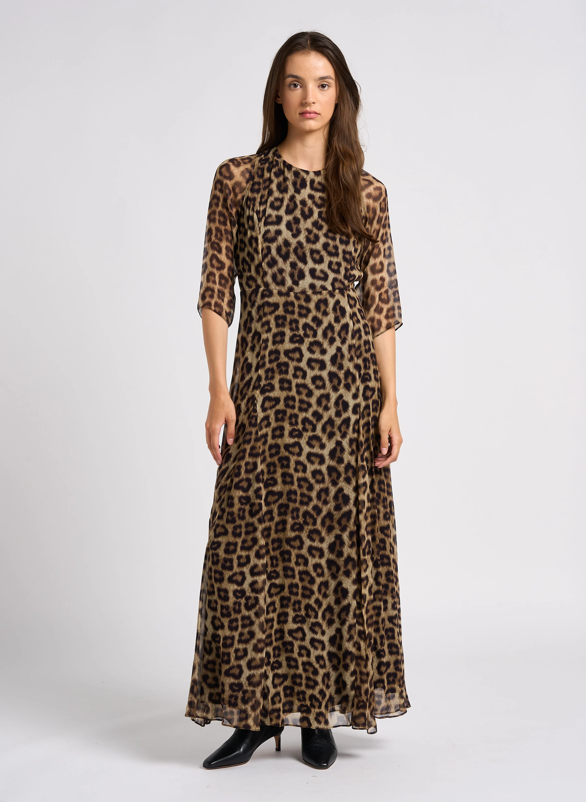FANICA - Robe longue col rond imprimée | Beige