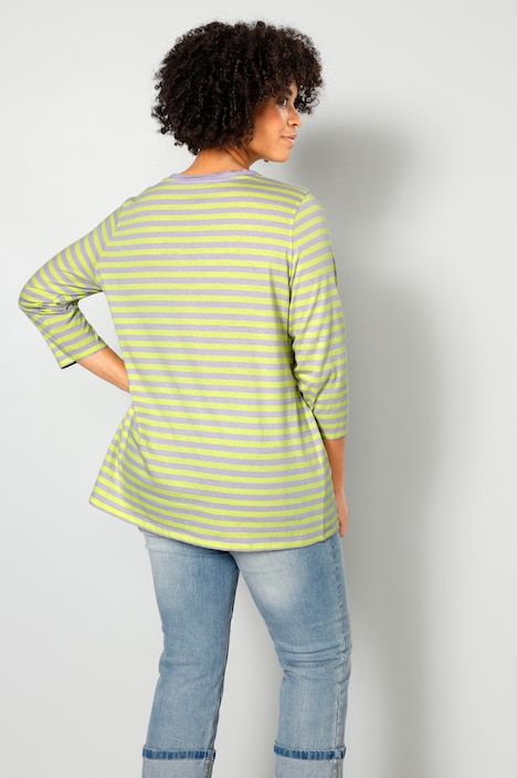 T-Shirt, Classic Fit, Ringel, farbiger Rundhals, 3/4-Ärmel
