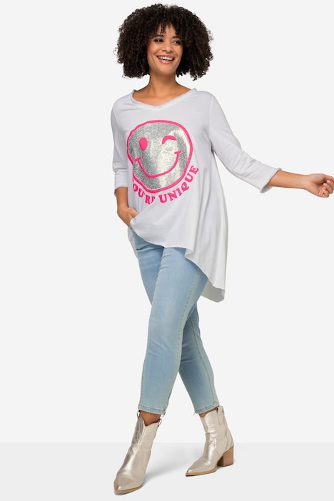 Longshirt, Smiley, Rundhals, Langarm, gerundeter Saum