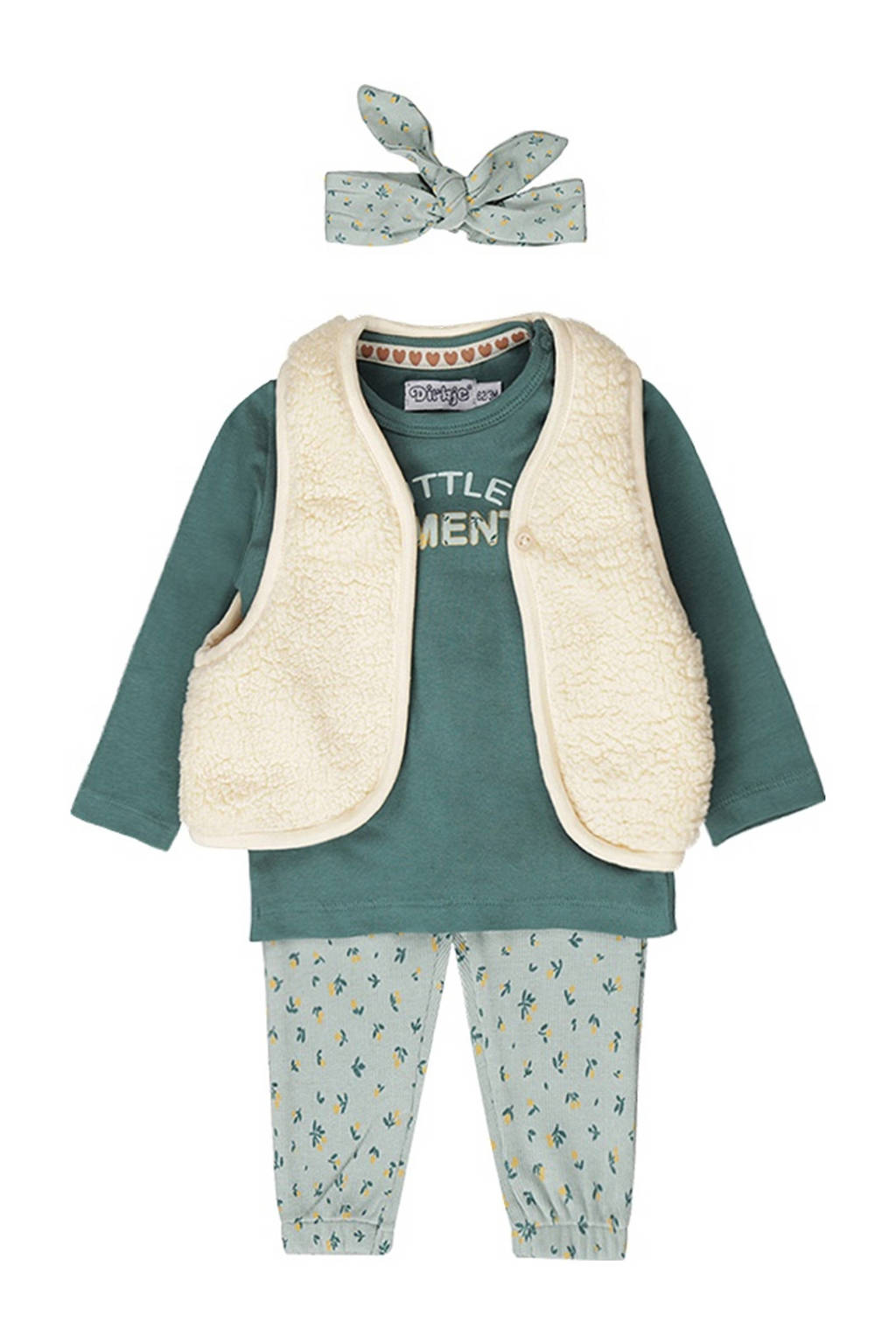 Dirkje Gilet + longsleeve +broek + haarband groen/ecru