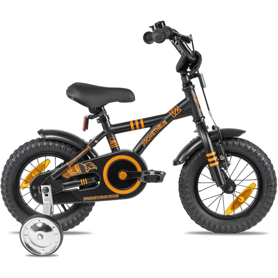 PROMETHEUS BICYCLES® Kinderfahrrad 12 in Schwarz Matt & Orange ab 3 Jahre mit Stützräder