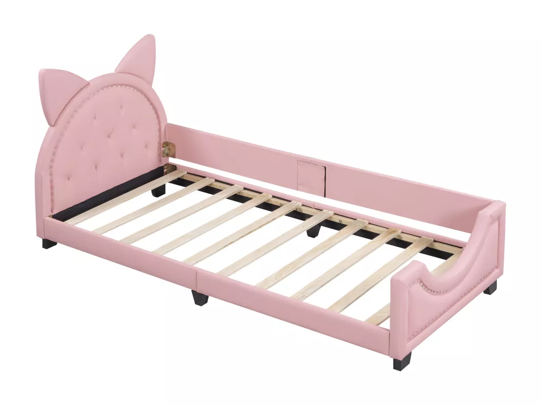 Lit bébé 90 x 200 cm avec tête de lit en forme d'oreilles - similicuir - sommier à lattes - rose