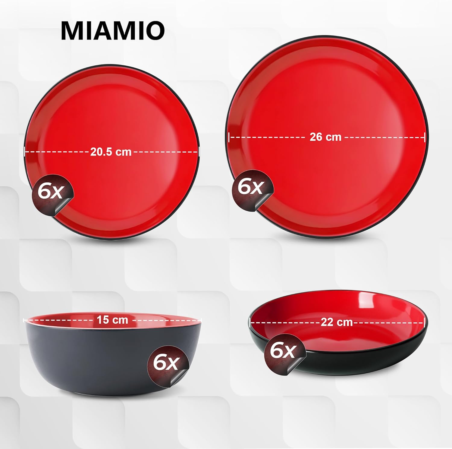 MIAMIO – Geschirrset 6 Personen/Steingut Geschirr Set 24-teilig, Tafelservice Steingut mit Tellern, Schüsseln, Tassen, und Suppentellern - Le Papillon Kollektion (Rot,24 Teile Set)