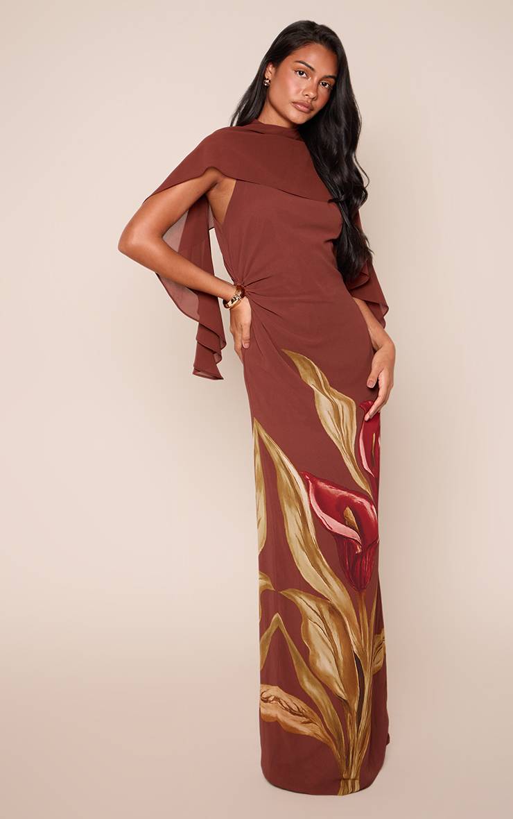Marron Robe Longue Maxi À Superposition Cape En Mousseline Imprimé Fleuri