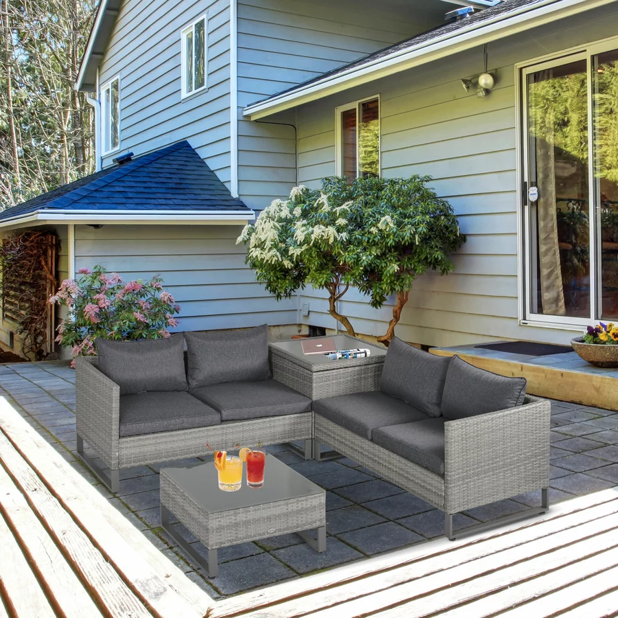 Outsunny Polyrattan Sitzgruppe mit Beistelltisch und Sitzpolstern, 4-teilig Grau