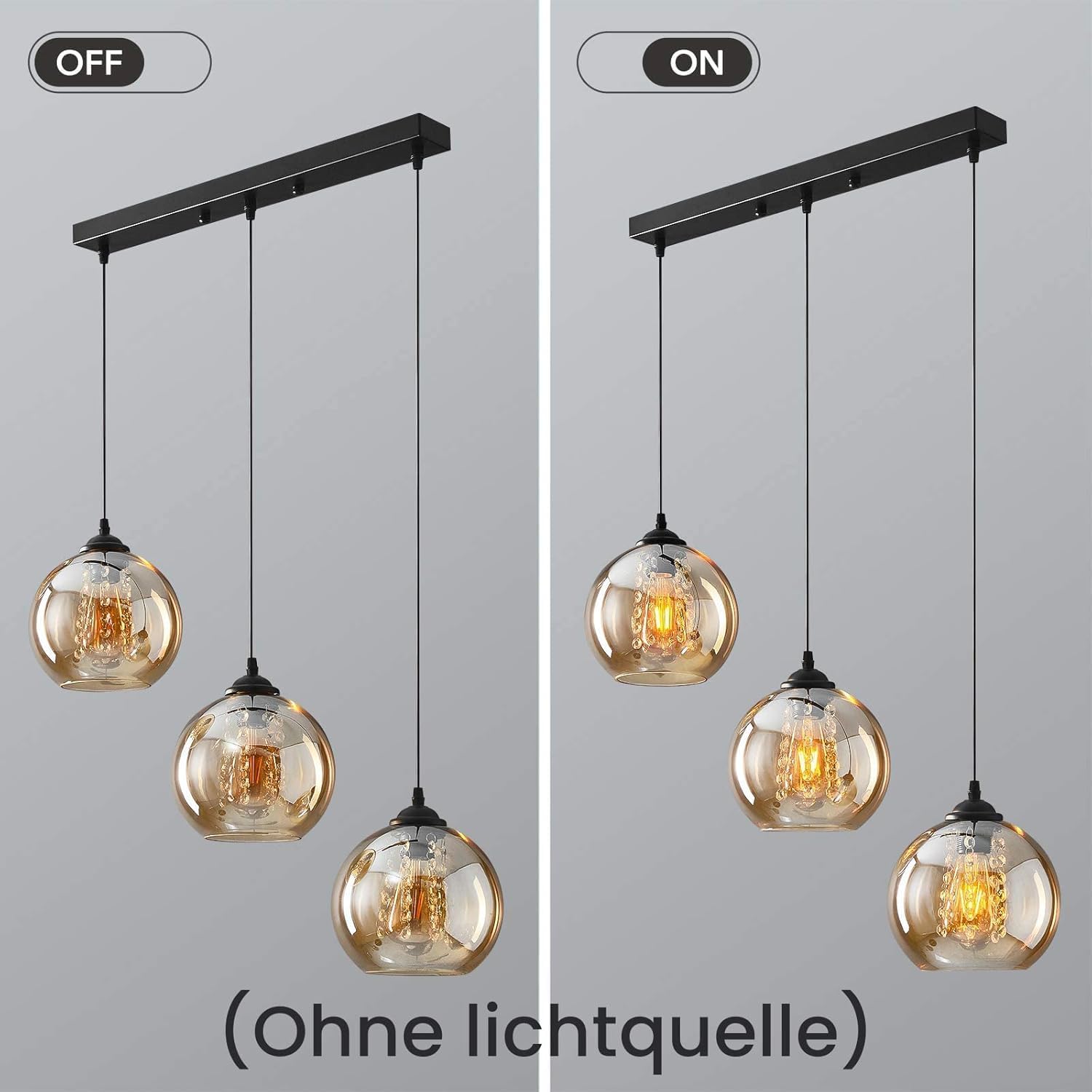H.W.S Glas Pendelleuchte Kristall Pendellampe Modern Kugel Kronleuchter Design Kreative Hängeleuchte Höhenverstellbar Innen Dekoration Hängelampe Wohnzimmer Leuchte (Amber, 3 flammend lang)
