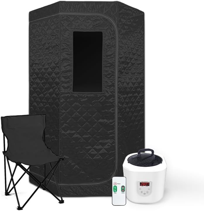 Tragbare Dampfsauna 90x90x190 cm mit Campingstuhl, Digitaler Fernbedienung, Wärmekabine, Schwarz – Ihr Wellness-Moment jederzeit und überall, tragbar