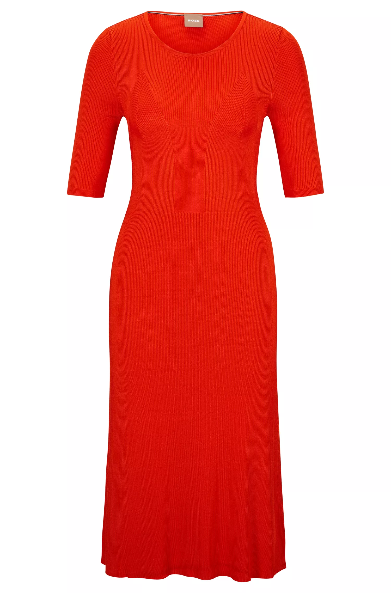 Vestido preto BOSS com mangas curtas e estrutura de tricô.