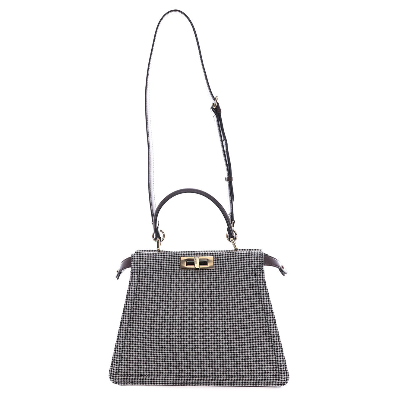 Fendi Sac à main Peekaboo Medium en Toile pied-de-poule & Cuir marron - Neuf avec étiquette - L.31 cm