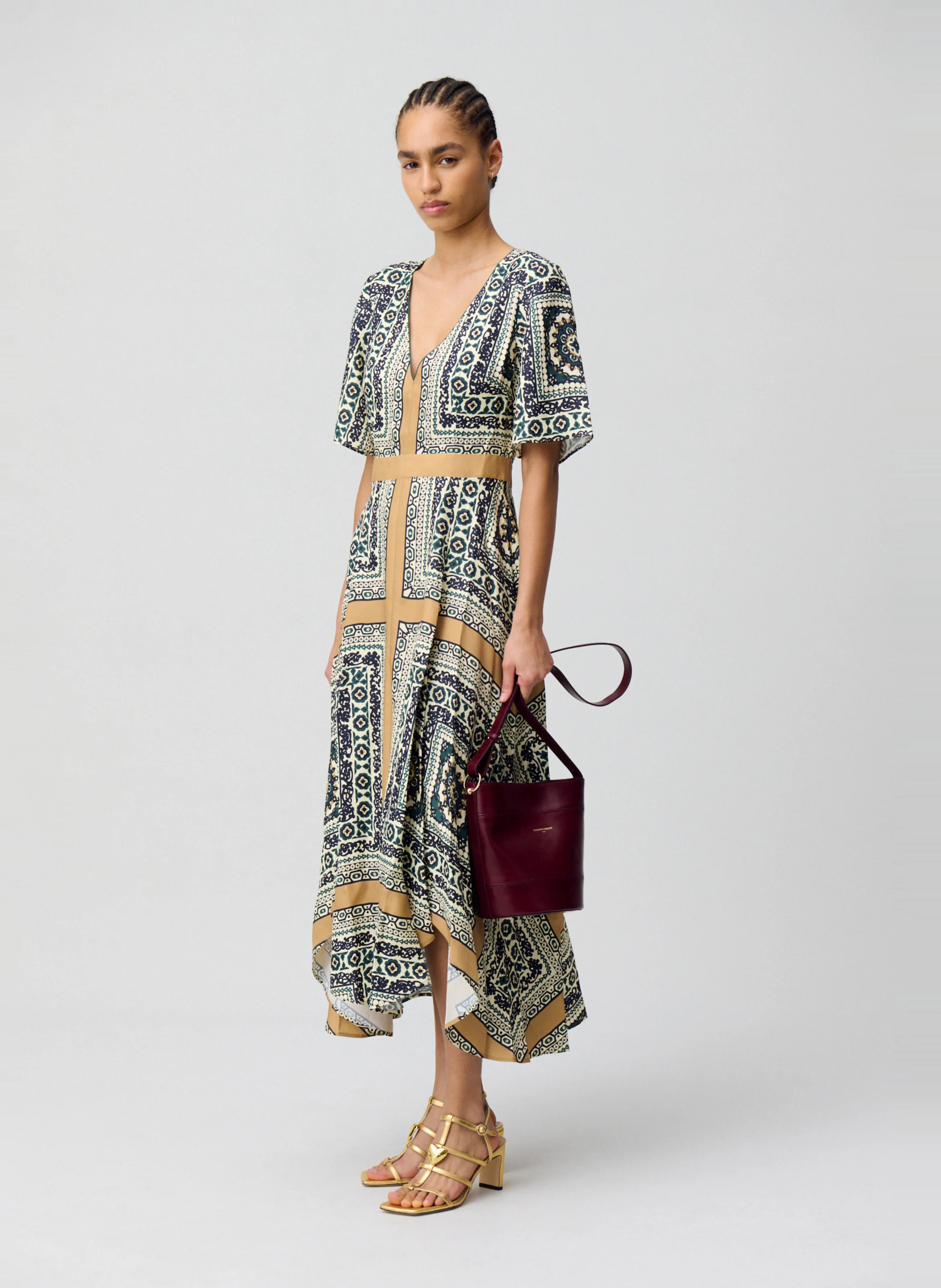 Robe midi col V imprimée | Multicolore