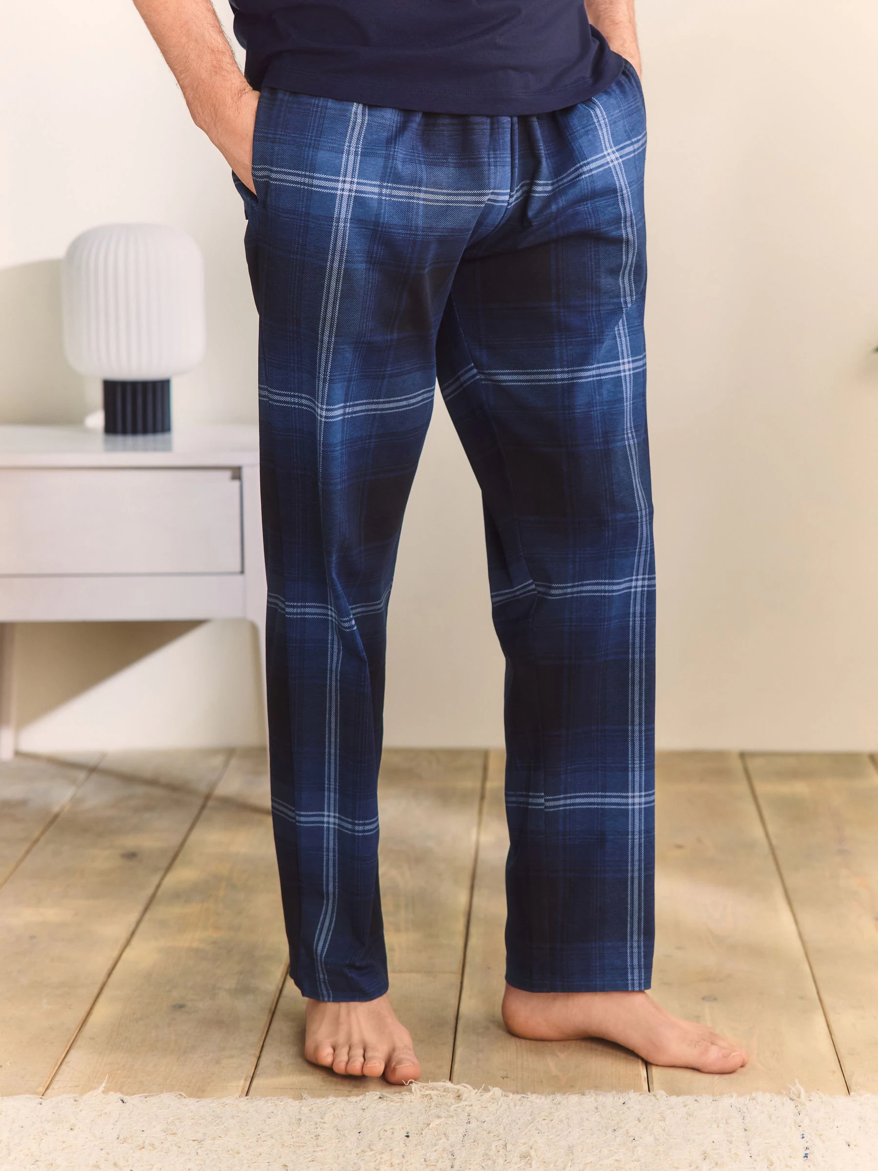 Marineblauw geruit - Jersey pyjama met korte mouwen