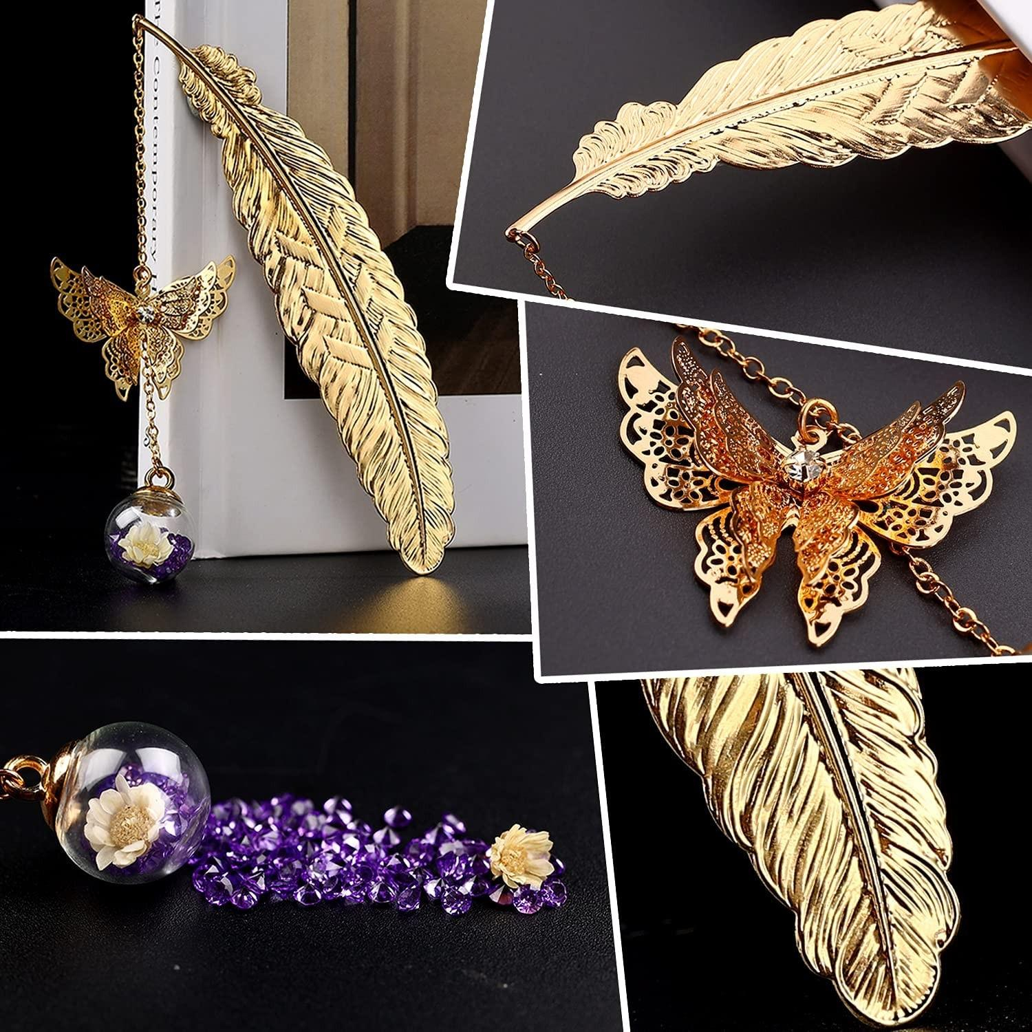 Metall Buch Lesezeichen Feder Seiten Markierungen mit Glasperle   3D Schmetterling - Gold / Türkis