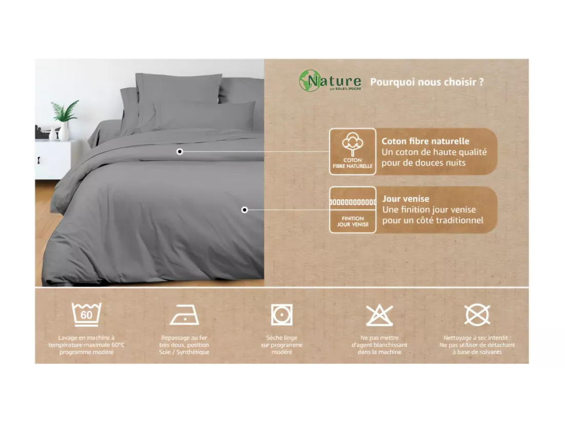 Housse de couette en coton 240x220 cm PERCALE anthracite, par Soleil d'ocre