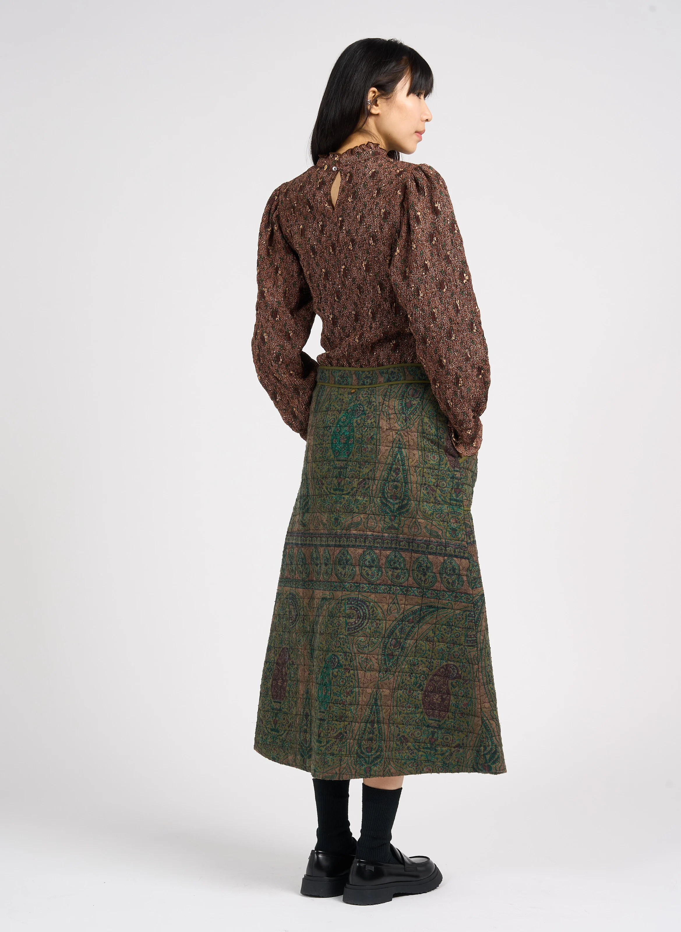 PADDY - Top col rond imprimé à smocks en coton | Marron