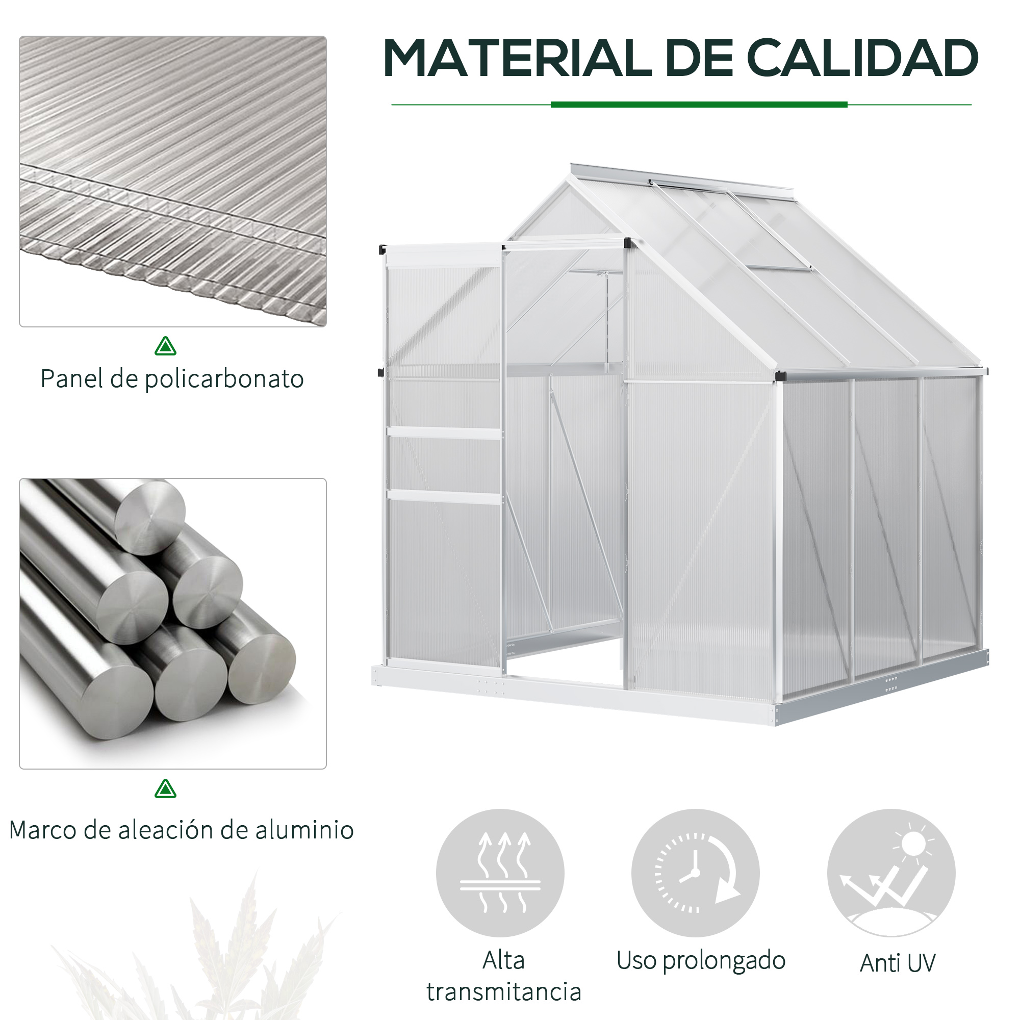 Estufa de jardim Outsunny em policarbonato e alumínio, 190x190x200 cm (3,6 m²), com base, porta de correr e 2 claraboias, para cultivo de plantas e sementes. Transparente.