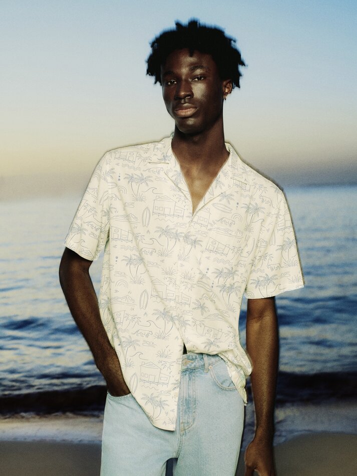 Camisa resort em algodão e linho - Azul Médio