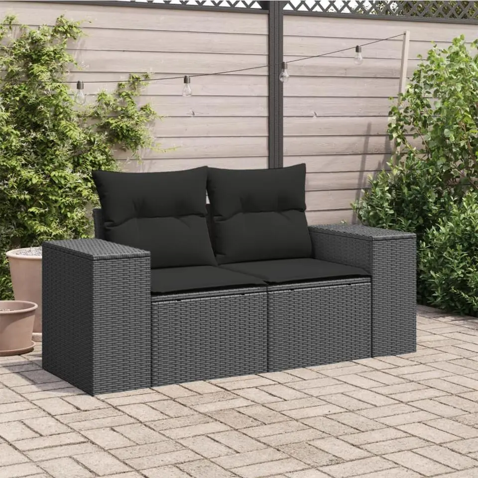vidaXL - Tuinbank 2-zits - Zwart - Poly rattan - Met kussens