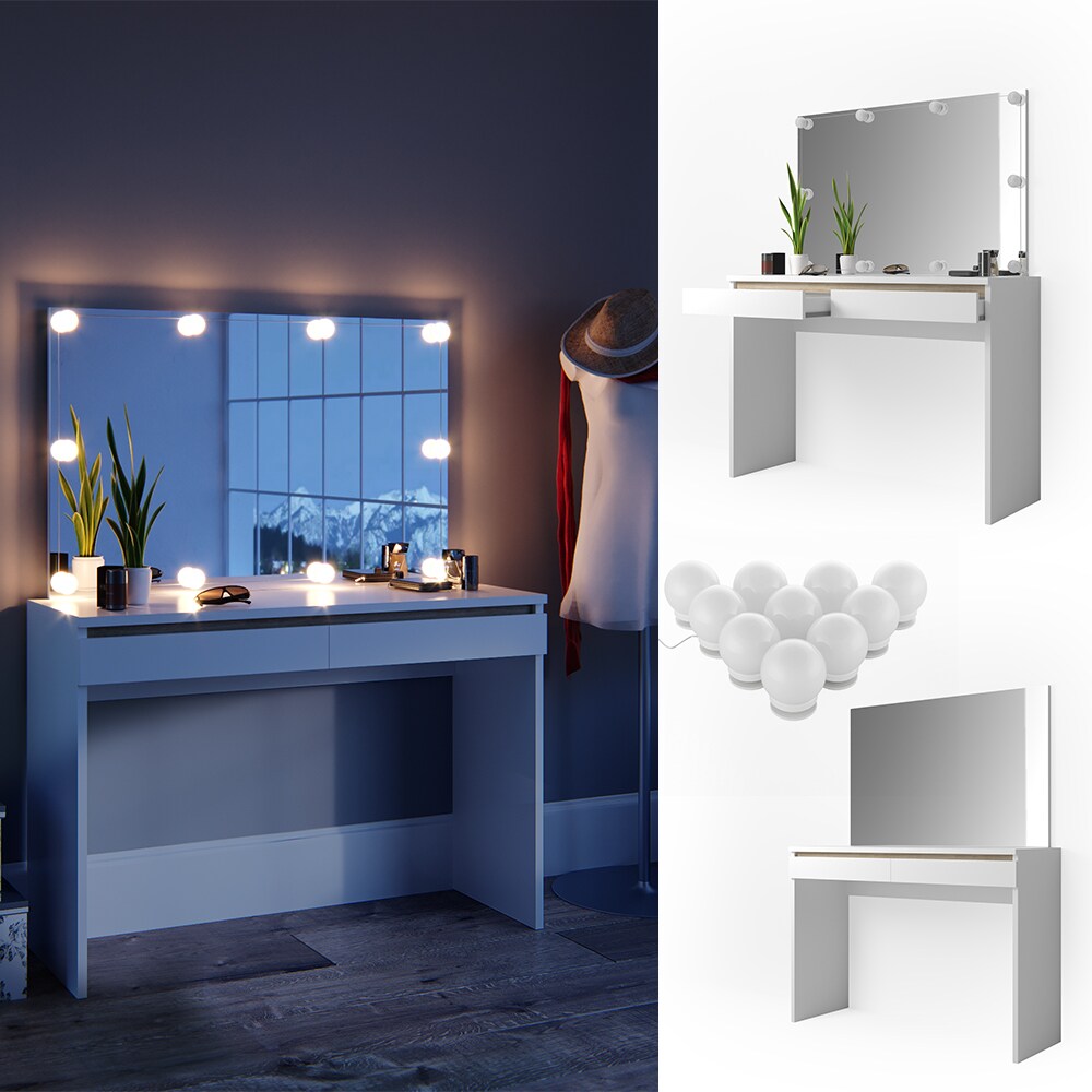 Vicco Schminktisch Emma Frisiertisch Frisierkommode Kommode Weiß Sonoma inklusive Spiegel und LED-Lichterkette