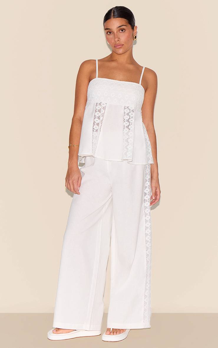 Blanc Ensemble Haut Petite Aspect Lin Avec Détails Crochet Sur Les Côtés