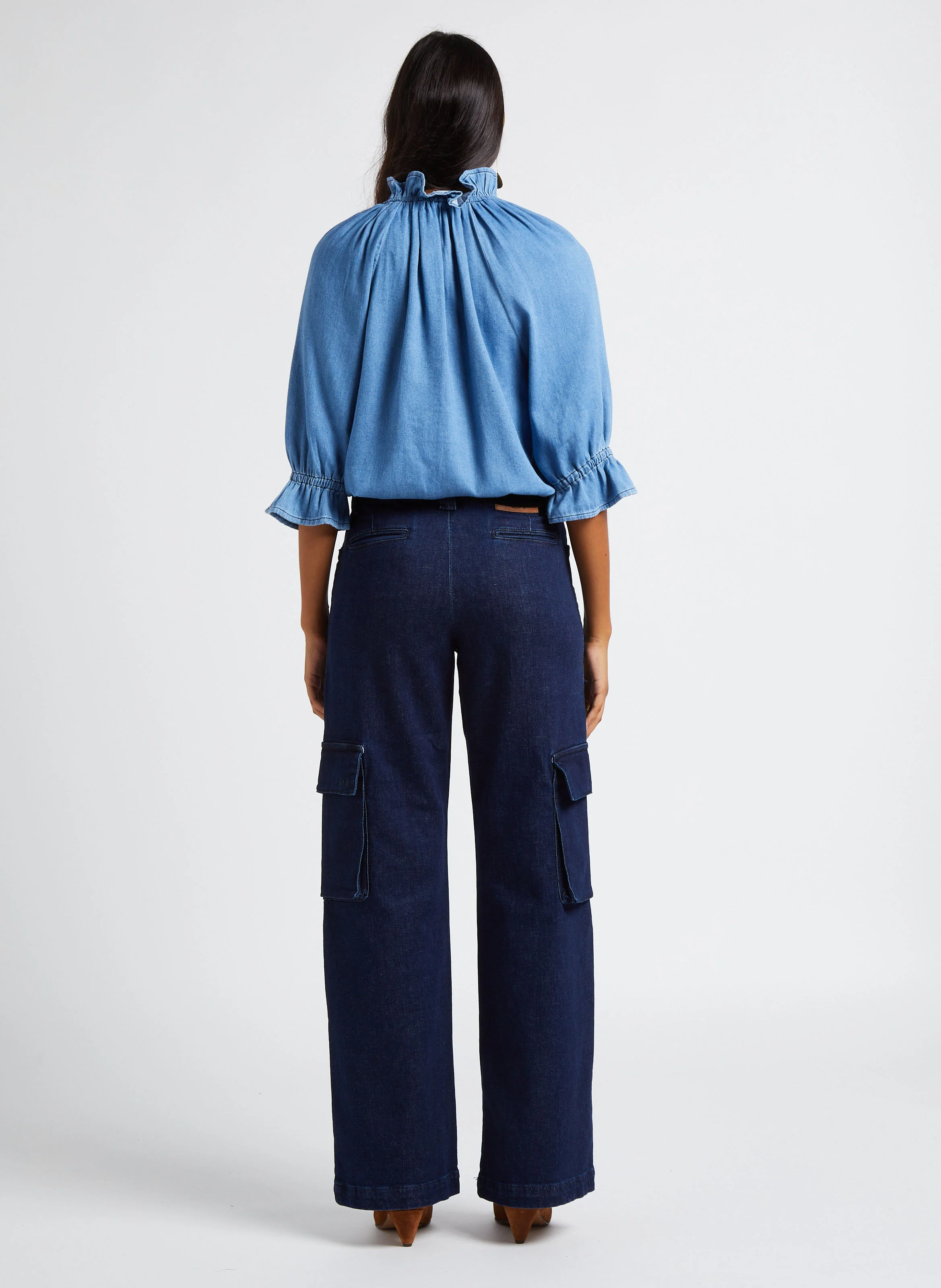 DRACO - Chemise droite col classique volanté en coton | Bleu