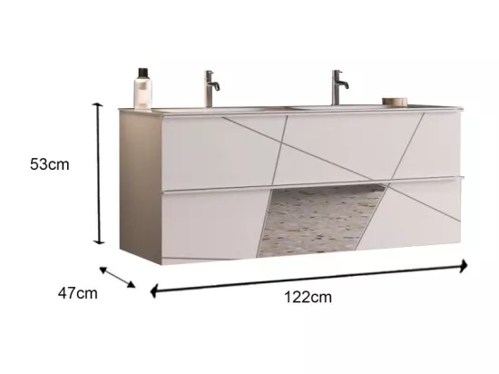 Meuble de salle de bain suspendu avec deux vasques et 2 tiroirs, collection VITARIO. Coloris blanc brillant