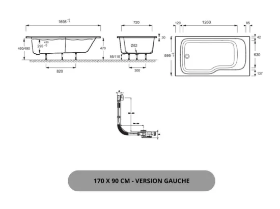 Pack baignoire bain douche 170 x 90 JACOB DELAFON Malice version gauche + tablier en niche