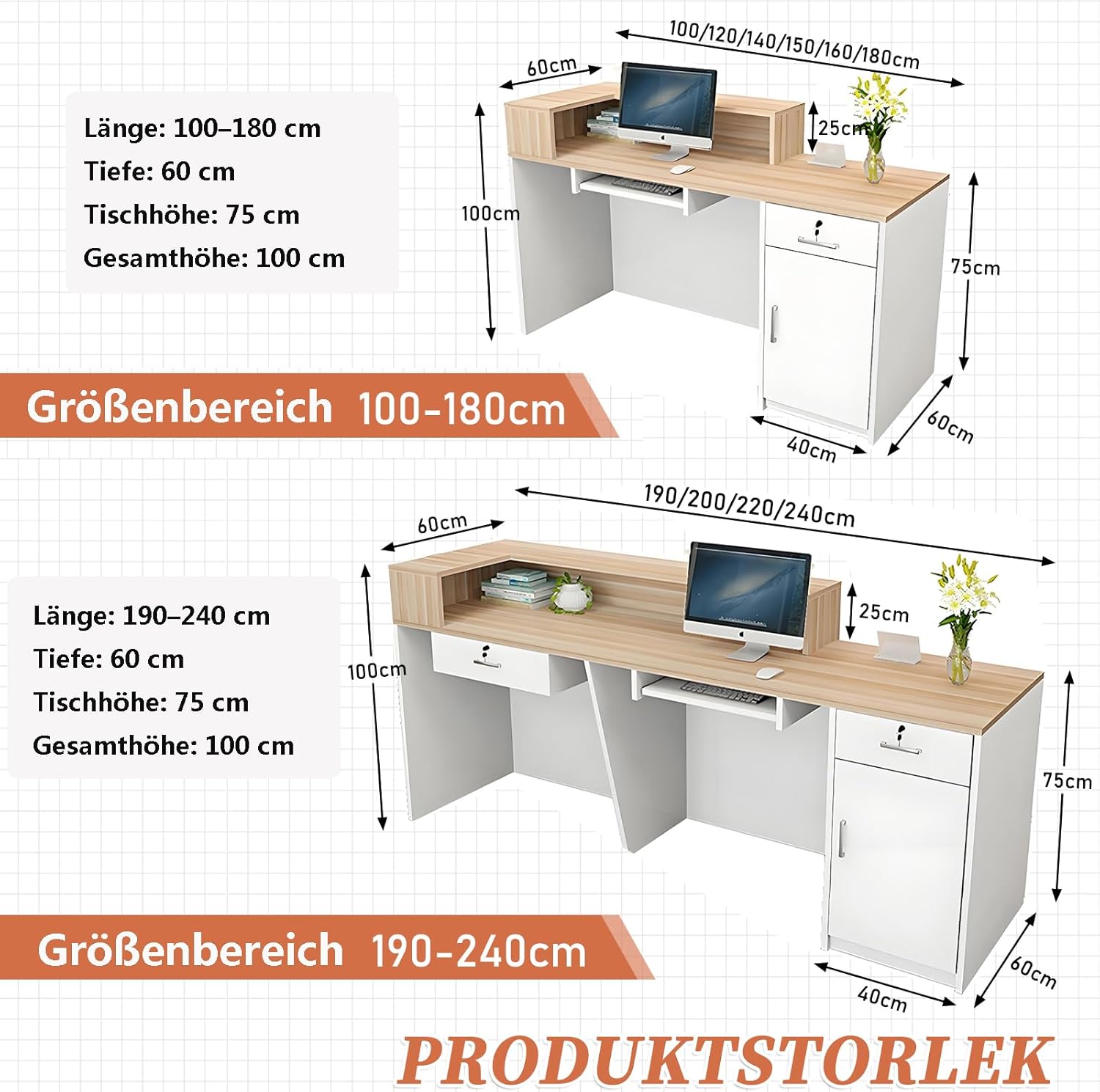 Empfangstheke, Empfangstresen, Rezeption mit Schublade und offenen Regalen, 100–240 cm Rezeptionstheken, modern für Büro, geeignet für Salons, Büros, Lobbys, Einzelhandelsgeschäfte