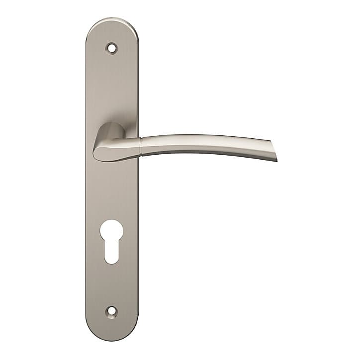 Ensemble poignée sur plaque rond cylindre GoodHome Hirel effet nickel satin gris chromé L.128mm x l.40mm entraxe 195mm